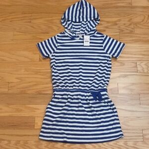 Crewcuts Striped Navy and White Hooded Swim Cover Up Dress Size L NWT